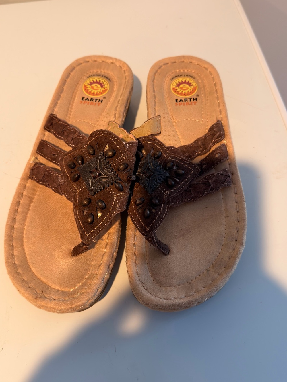 Earth Spirit Brown Leather Embellished Thong Sandals
